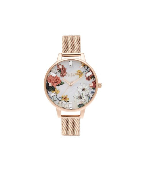 【OLIVIA BURTON】スパークルフローラル - デミ マザーオブパールダイヤルローズゴールドメッシュ（OB16BF28）